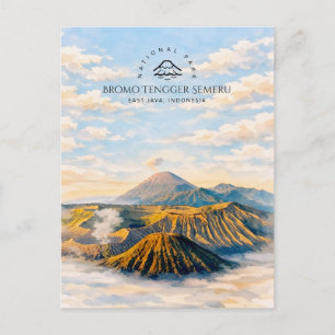 Cartão Postal De Festividades Paisagem Montanhosa em Aquarela de Bromo Tengger S