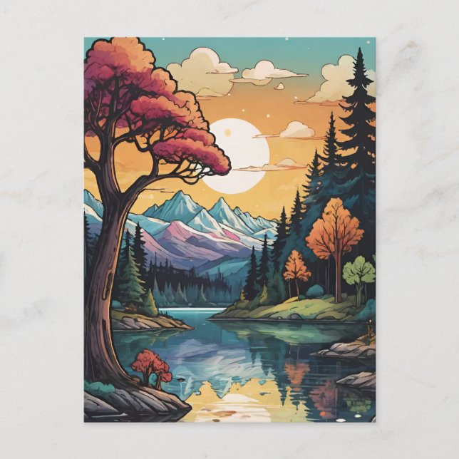 Cartão Postal De Festividades Paisagem Sunset de Serenidade Lakeside Encantada (Frente)