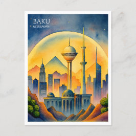 Cartão Postal De Festividades Paisagem urbana de Baku Azerbaijão Aquarela