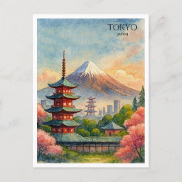 Cartão Postal De Festividades Paisagem Urbana de Tóquio Japão Aquarela Lembrança