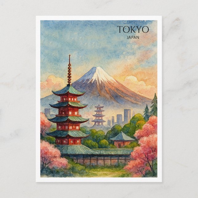 Cartão Postal De Festividades Paisagem Urbana de Tóquio Japão Aquarela Lembrança (Frente)