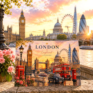 Cartão Postal De Festividades Paisagem Urbana do Pôr do Sol em Londres em Aquare