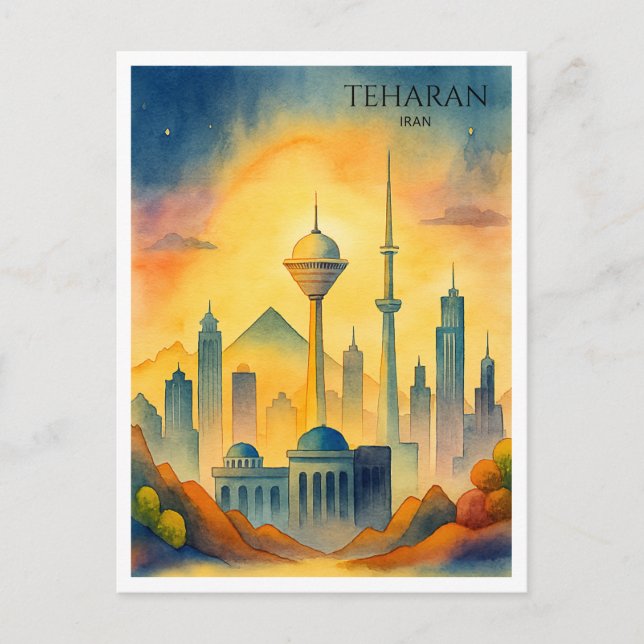 Cartão Postal De Festividades Paisagem urbana em aquarela da cidade de Teerã Irã (Frente)