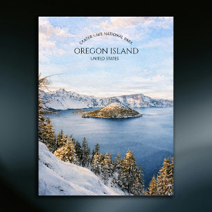 Cartão Postal De Festividades Paisagens em Aquarela da Ilha do Lago Crater Orego