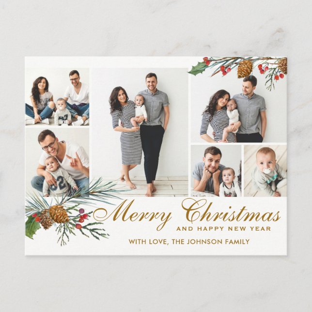 Cartão Postal De Festividades Palheiro de Natal Elegante Cones 6 Foto Saudação (Frente)