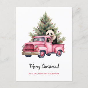 Cartão Postal De Festividades Panda no Natal de Caminhão Rosa
