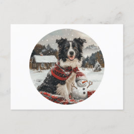 Cartão Postal De Festividades Pano Collie Dog Snowman na fronteira de Natal