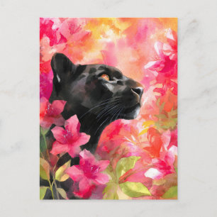 Cartão Postal De Festividades Pantera Negra Selvagem Floral Selvagem Elegante