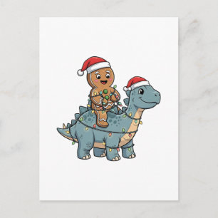 Cartão Postal De Festividades Pão de gengibre montando um dinossauro Natal Santa