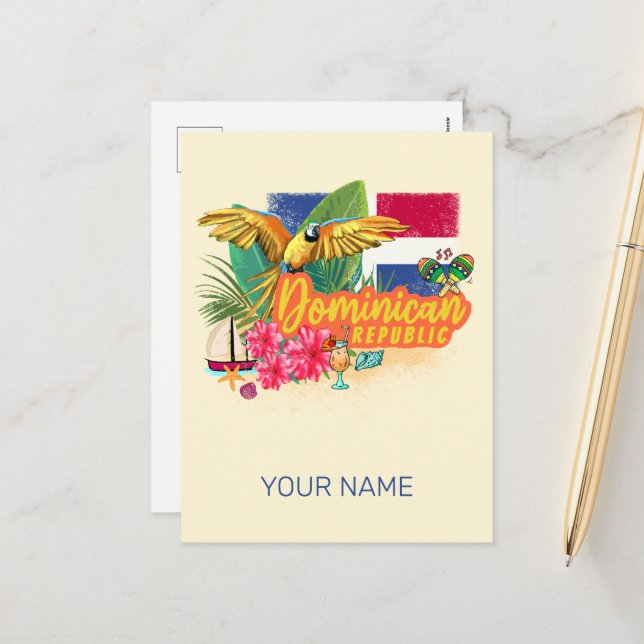 Cartão Postal De Festividades Papagaio Retro da Ilha de Caribes da República Dom (Frente/Verso In Situ)