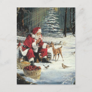 Cartão Postal De Festividades Papai Noel Alimentando Os Animais