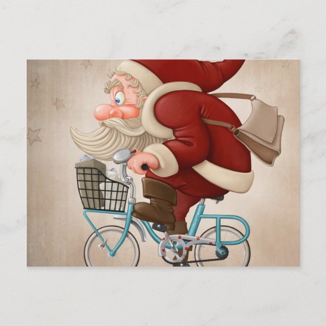 Cartão Postal De Festividades Papai Noel anda de bicicleta (Frente)