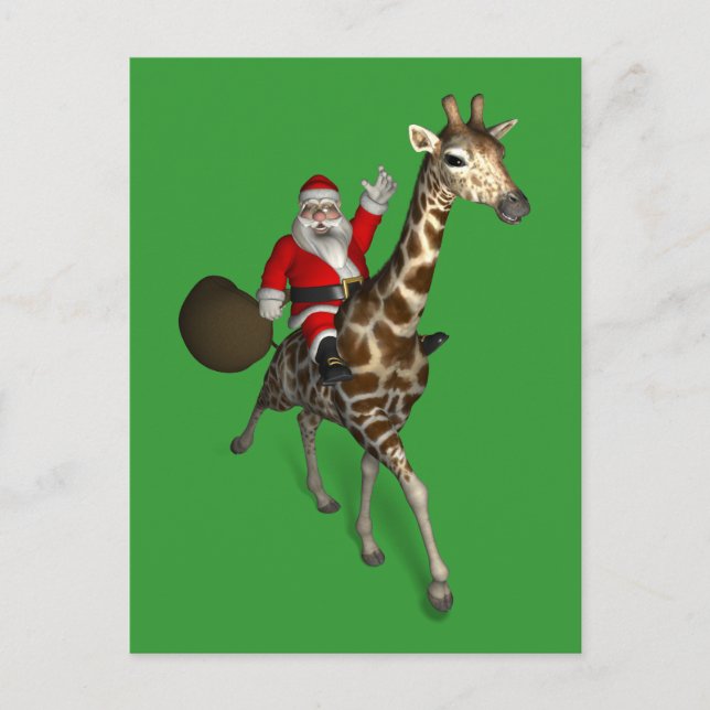 Cartão Postal De Festividades Papai Noel Andando Uma Girafa (Frente)