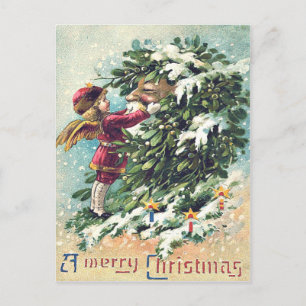 Cartão Postal De Festividades Papai Noel Anjo Querubim Visco