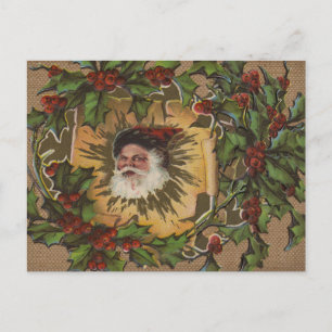 Cartão Postal De Festividades Papai Noel Antigo Natal Azevinho