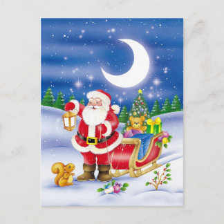 Cartão Postal De Festividades Papai noel bonito com pequeno trenó