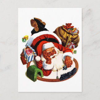 Cartão Postal De Festividades Papai Noel Brincando Com Comboios