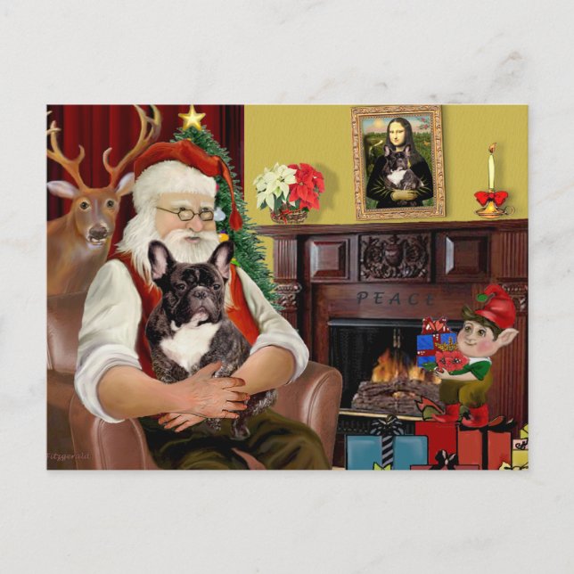 Cartão Postal De Festividades Papai noel Brindle French Bulldog (Frente)