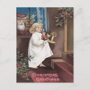 Cartão Postal De Festividades Papai Noel Brinquedos Menina Bonita Azevinho