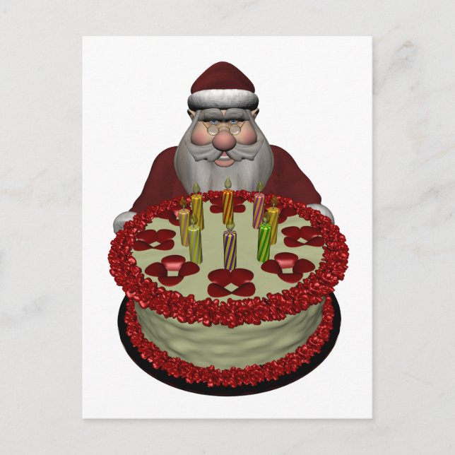 Cartão Postal De Festividades Papai Noel com Bolo de Aniversário (Frente)