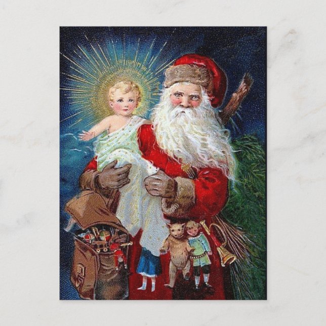 Cartão Postal De Festividades Papai Noel com Criança Cristo (Frente)