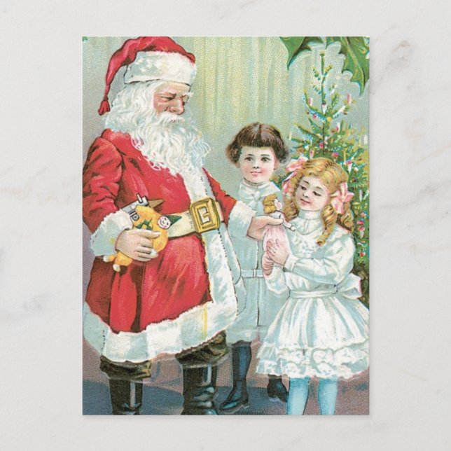 Cartão Postal De Festividades Papai noel com crianças (Frente)