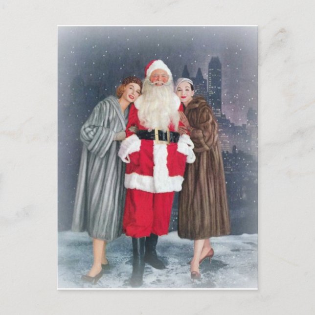 Cartão Postal De Festividades Papai Noel com garotas dos anos 50 (Frente)