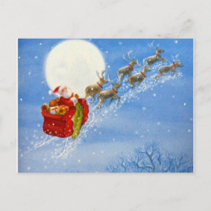 Cartão Postal De Festividades Papai noel com sua rena do vôo