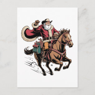 Cartão Postal De Festividades Papai Noel Cowboy Cavalgando um Cavalo Natal 