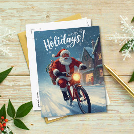 Cartão Postal De Festividades Papai Noel de Aquarela Bonito de Bicicleta Natal 