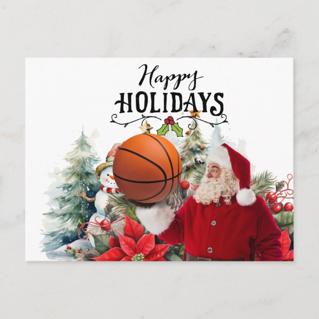 Cartão Postal De Festividades Papai Noel de Basquete com Neve no Natal (Frente)