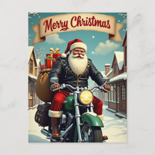 Cartão Postal De Festividades Papai Noel de Natal com Presentes em uma Motocicle