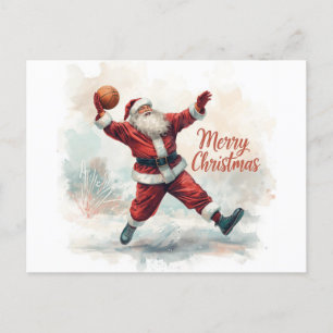 Cartão Postal De Festividades Papai Noel de Natal de basquete jogando
