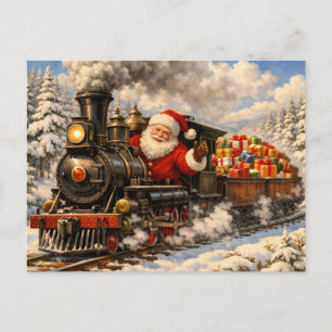 Cartão Postal De Festividades Papai Noel de Natal em Trem Antigo com Presentes