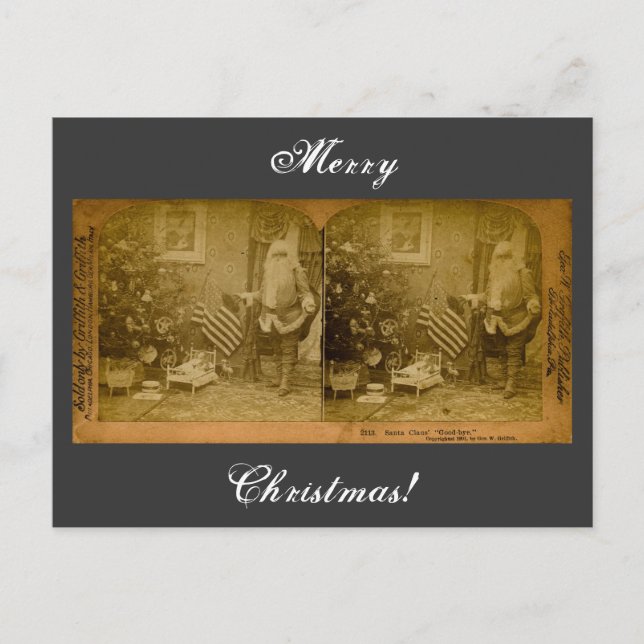 Cartão Postal De Festividades Papai noel de Stereoview & bandeira americana Ca (Frente)