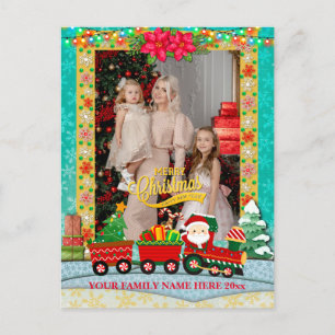 Cartão Postal De Festividades Papai Noel de Trem com Presentes e Árvore de Natal