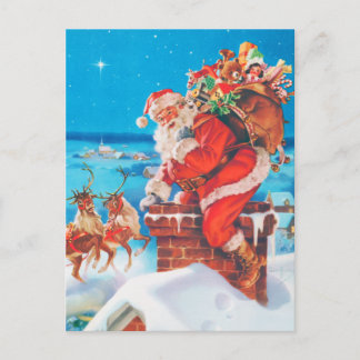 Cartão Postal De Festividades Papai Noel descendo a chaminé