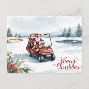Cartão Postal De Festividades Papai Noel dirigindo carrinho de golfe no campo de
