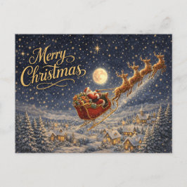 Cartão Postal De Festividades Papai Noel Dourado Mágico Noite Céu Feliz Natal