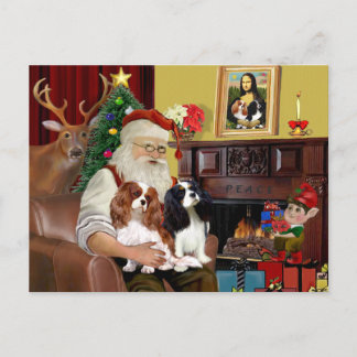 Cartão Postal De Festividades Papai Noel e 2 Cavalier Kings Charles