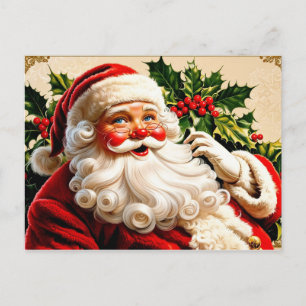 Cartão Postal De Festividades Papai Noel e Berry Holly Natal Antigo 