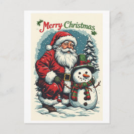 Cartão Postal De Festividades Papai Noel e boneco de neve desejam um Feliz Natal