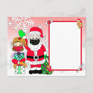 Cartão Postal De Festividades Papai Noel e Elfo em Máscaras Carta de Papai Noel 