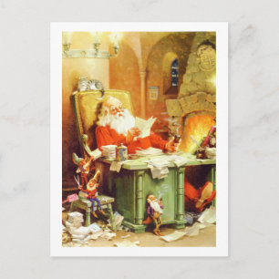 Cartão Postal De Festividades Papai Noel e seus Elfos verificam sua lista