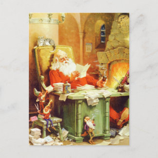 Cartão Postal De Festividades Papai Noel e seus Elfos verificam sua lista