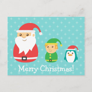 Cartão Postal De Festividades Papai Noel, Elfo e Pinguim fofinhos, Feliz Natal
