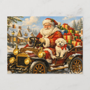 Cartão Postal De Festividades Papai Noel em carro antigo entregando presentes