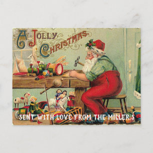 Cartão Postal De Festividades Papai Noel em sua Oficina Fazendo Brinquedos Cartã