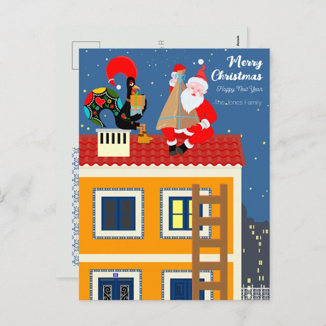 Cartão Postal De Festividades Papai Noel encontra o galo português (Frente/Verso)