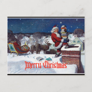 Cartão Postal De Festividades Papai Noel entregando uma braçada de livros,